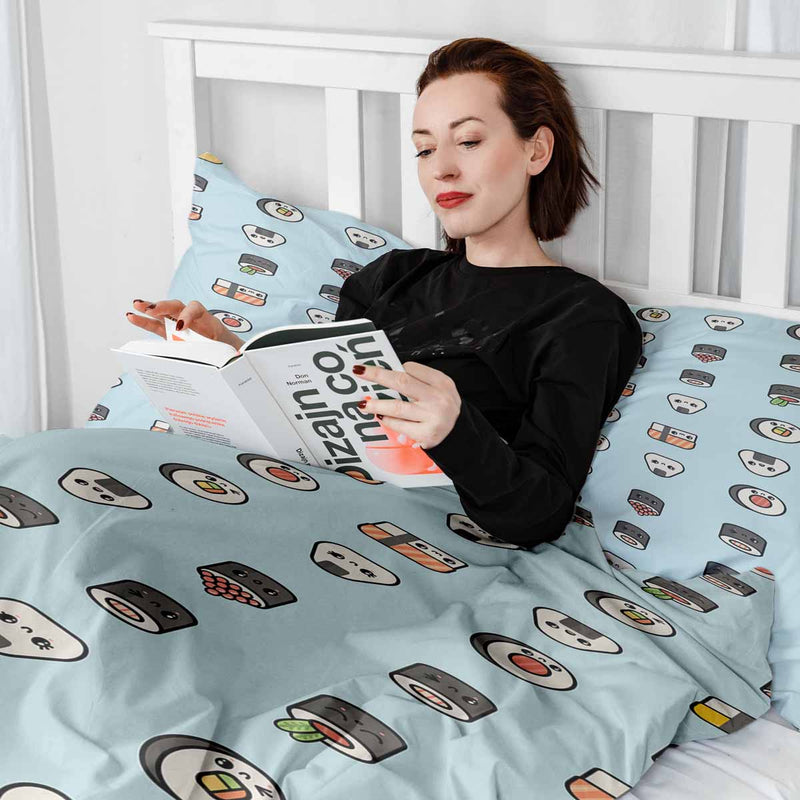 Therapiedecken Bettwäschen Set Hellblau mit Sushi